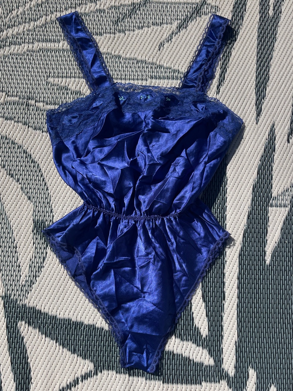 VTG Barbizon Silky Satin Lace Teddy Bodysuit Romper Lingerie Blue Lingerie EUC